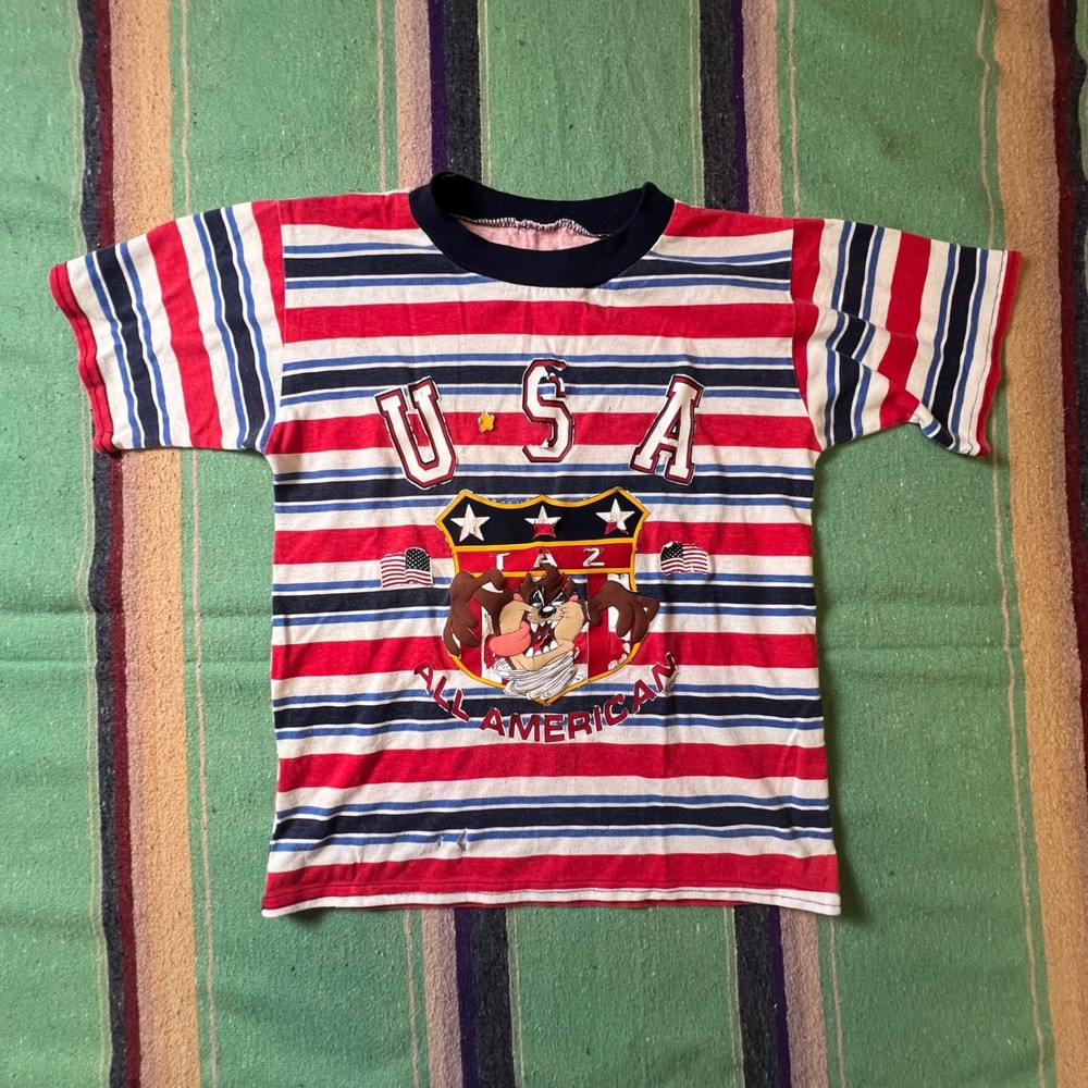 Looney Tunes Taz T-Shirt Kids Red White Blue USA All American Striped Vintage